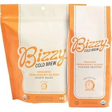 Bizzy Organic Cold Brew Coffee | Bundle | Coarse Ground Coffee | Breakfast Blend 1 LB + Breakfast Blend Brew Bags 4-count | 2 Pack
