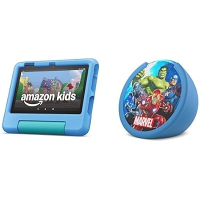 Amazon Kids Entertainment Bundle Including Fire 7 Kids Tablet (16GB, Blue) + Marvel Avengers Echo Pop Kids