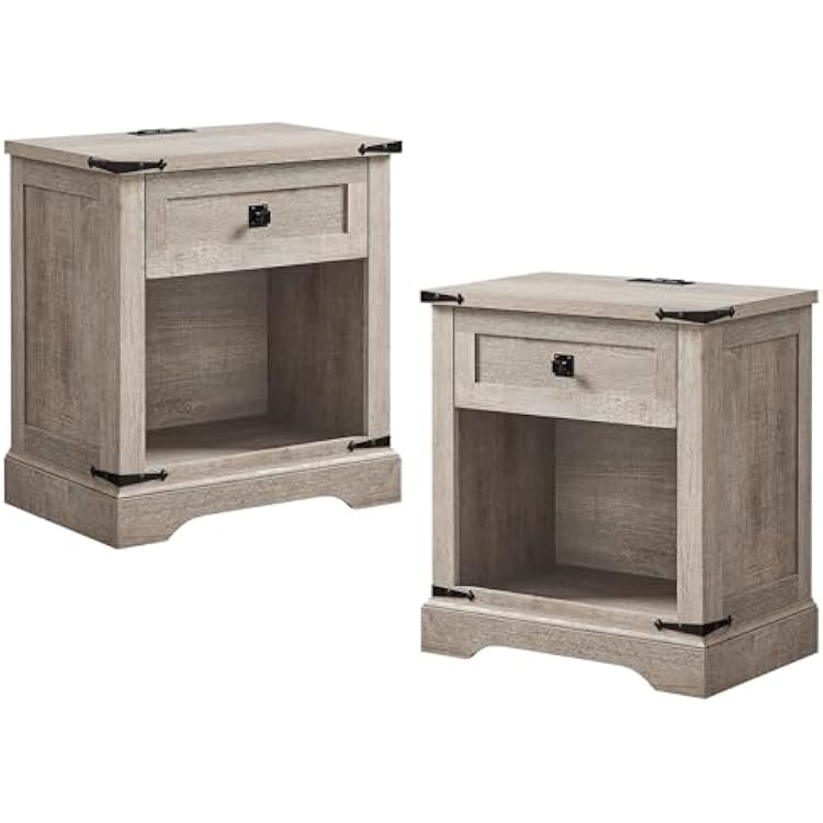 T4TREAM 24 Farmhouse Nightstand with Charging Station Set of 2, Large End Table with Drawer and Open Storage Cabinet, Rustic Wood Bedside Table Sofa Table for Bedroom, Light Rustic Oak