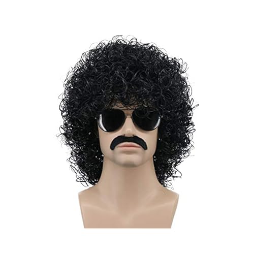 karlery Mens Short Curly Black Mustache Beard Afro Wig California Rocker Disco Halloween Cosplay Anime Costume Party Wig Black