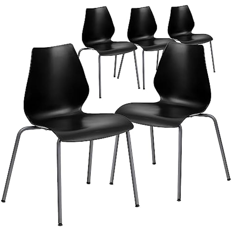 Flash Furniture 5 Pack HERCULES Series 770 lb. Capacity Black Stack Chair with Lumbar Support and Silver Frame