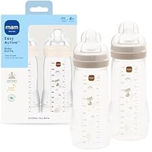 MAM Easy Active Natural Flow Anti-Colic Baby Bottle, 4 Months, 2 Pack, 11oz, BPA Free, Fast Flow Skin Soft Anti-Colic Silicone Nipple, Anti-Slip Grip, Leak-Proof, Made in Europe, Cotton
