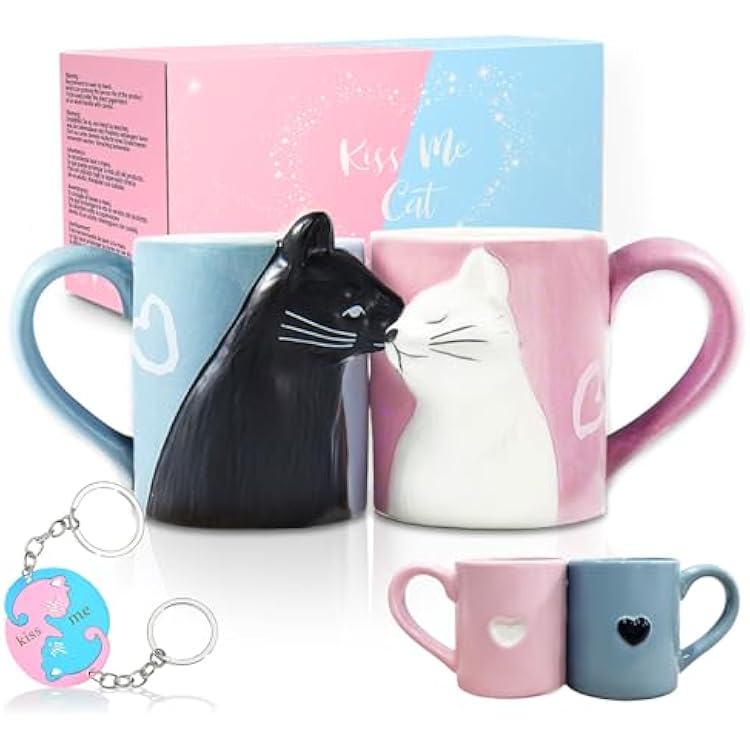 Kiss Cat Coffee Couple Handmade Mug, Funny Tea Ceramic cup set for Bride and Groom, Matching Gift for Engagement Wedding and Married Couples Anniversary Valentines Day Girlfriend Wife