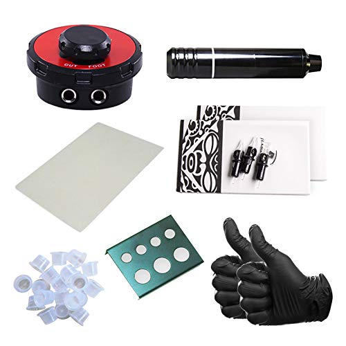 One Tattoo World - 7pc Rotary Tattoo Machine Kit, Gloves, Ink Caps, Paper, Cartridges, and Power Supply, OTW-KPB01A