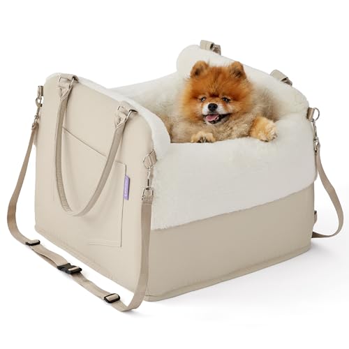 Lesure Dog Booster - Car Seat for Small Dogs, Egg Crate Foam Bed with Storage Pockets, Clip-On Leash for Travel Carrier, Beige