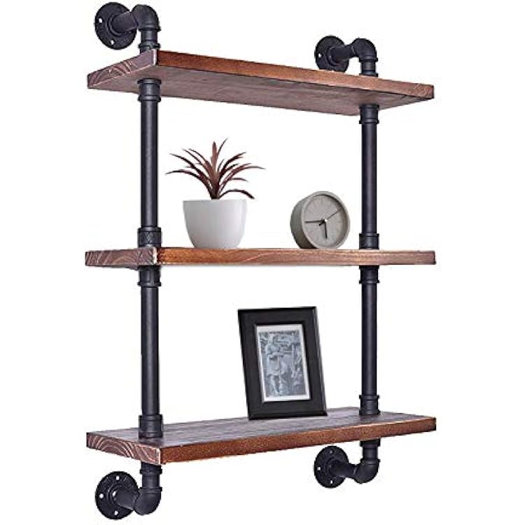 Diwhy Industrial Pipe Shelving Bookshelf Rustic Modern Wood Ladder Storage Shelf 3 Tiers Retro Wall Mount Pipe Design DIY Shelving Black, L 24