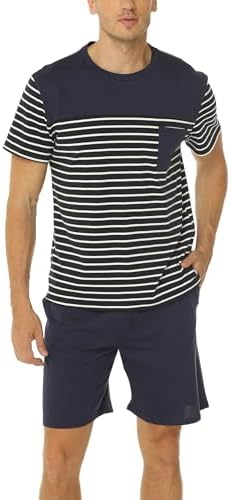 Mens Pajama Set Cotton Pajamas Striped Short Sleeve & Shorts Pjs Sets Sleepwear Summer Lounge Set with Pockets