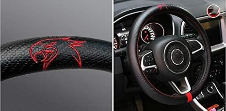 Black Carbon FIber Luxury Leather Trail Hawk Car Steering Wheel Cover Auto Anti-slip Protector 15'' For Jeep Grand Cherokee