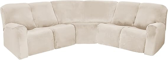 7-Piece L Shape Velvet Stretch Recliner Corner Sofa Cover, Corner Sofa Covers for Sectional Sofa Set, for Reclining L Shape Sofa Slipcovers Thick, Soft, Washable Durable Furniture Protector (Beige)