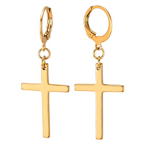 Pair Steel Ear Clip Non-piercing Clip on Earrings with Dangling Cross for Men and Women
