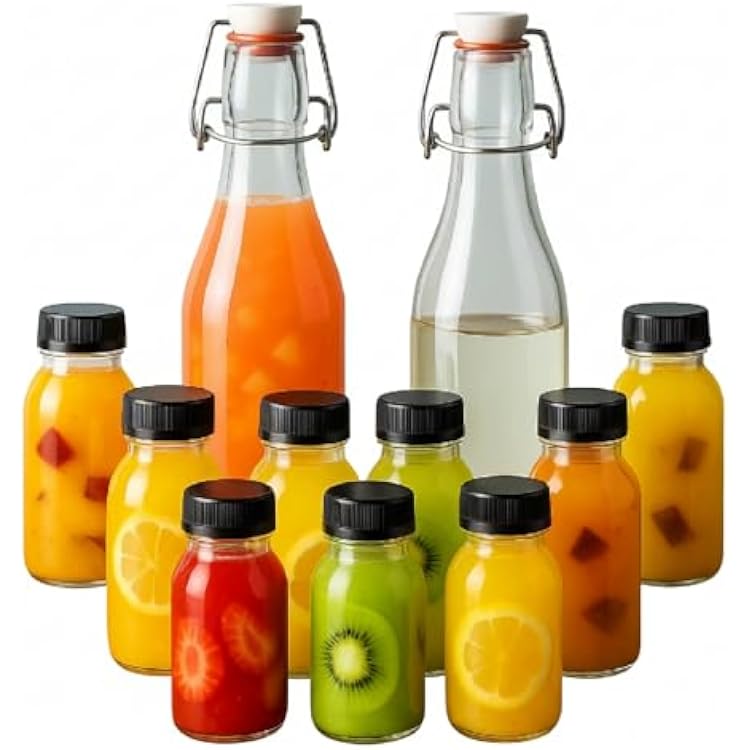 Maxdot Juice Bottles Set 6 Pcs 25 oz Swing Top Glass Bottle with Airtight Stopper Lids 36 Pcs 7 oz Plastic Juice Bottles with Caps Reusable Beverage Storage Containers for Cocktail Weddings Party