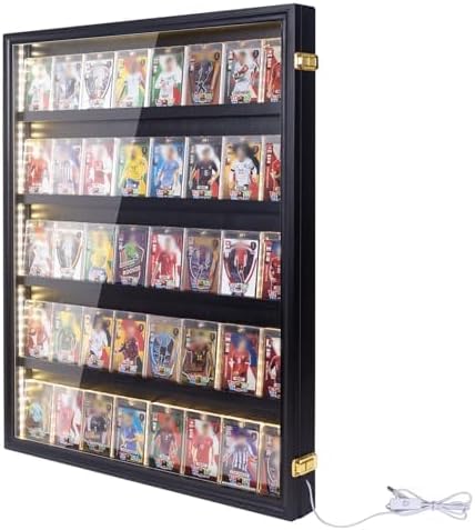 35 Wooden Sport Cards Display Case with LED Lights,UV Protection Acrylic Wall Cabinet,for Football Basketball Trading Cards(Black)