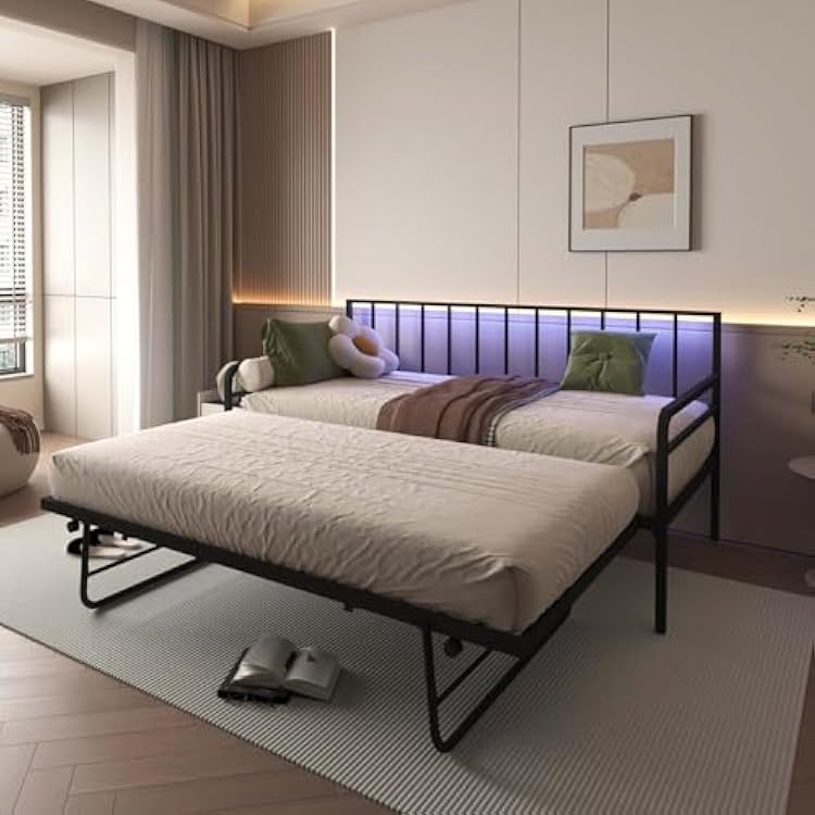 Daybed with Trundle Bed, Twin Bed Frame with Charging Station and LED Lights, Metal Sofa Day Bed with Pop Up Trundle and Steel Slat Support for Living Room, Bedroom and Guest Room, Black