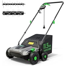 TIECTOWN 14-Inch 13.5 Amp 2-in-1 Electric Dethatcher and Scarifier with 11.5-Gallon Collection Bag, Lawn Dethatcher with 5-Position Depth Adjustment, Blade Replacement Without Tool - Green