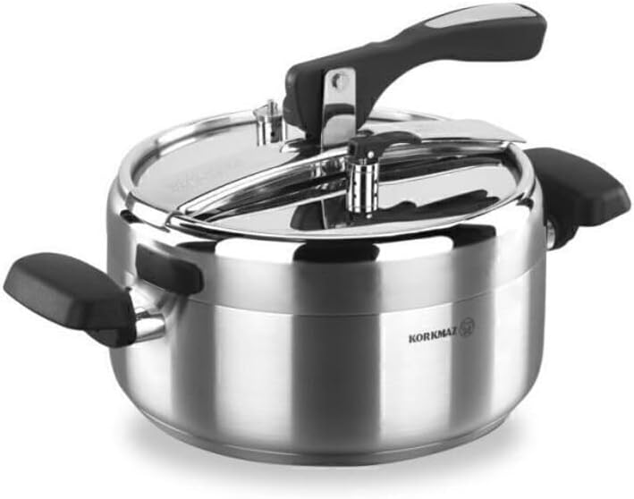 Korkmaz Turbo 5 Quart Stove Top Pressure Cooker Stainless Steel Cookware Induction Compatible, Manual Slow Cooker, Rice Cooker, Steamer, Saute, Yogurt Maker and Warmer