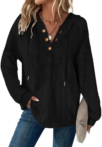 Hoodies for Women Waffle Knit V Neck Oversized Sweatshirt Button Down Drawstring Hooded Pullover Tops for Fall 2025