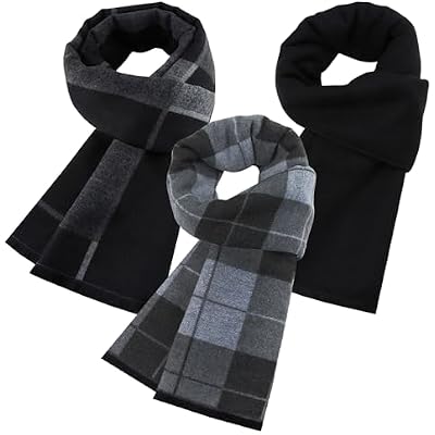 Matcheck Mens Winter Warm Scarf, 3 Pack Feel Wool Blend Tassel Soft Scarves Black Grey Check Grid Lines Pattern