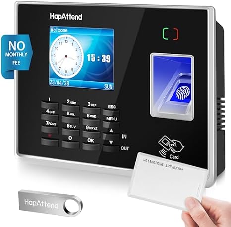 Clocking in Machine - Standalone Card Scanner Attendance Machine with 15 RFID Cards, H2 Fingerprint Time Clocks for Employees Small Business Automatic Calculate Hours(0 Monthly Fees)