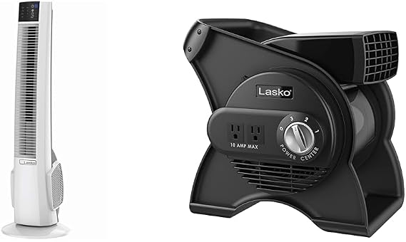 Lasko Oscillating Tower Fan with Remote Control and Pivoting Utility Blower Fan with Accessory Outlets, 3 Speeds