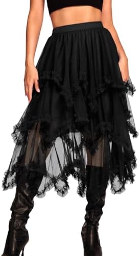Kaei&Shi Long Tulle Skirt,High Waisted Asymmetrical Ruffle Skirts for Women,Renaissance Fairy Costume Concert Birthday Party
