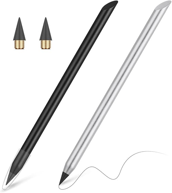 AUAUY 2 PCS Metal Inkless Pencil, Reusable Everlasting Pencil, Black+Silver | Infinity Pencil, Replaceable Nib Pencil with 2 Replaceable Nib for Writing Drawing Students Home Office School Supplies