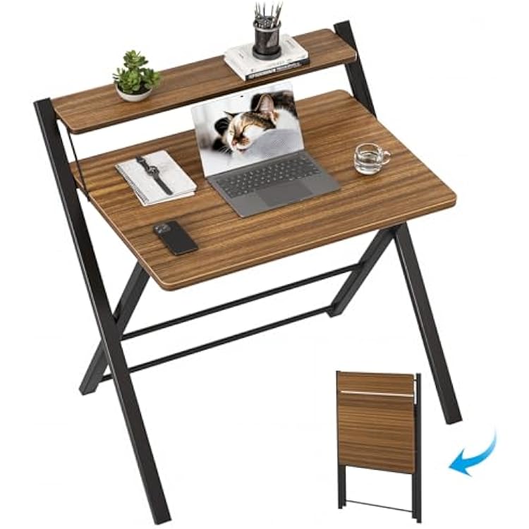 GreenForest No Assembly Folding Desk, 2-Tier Compact Computer Desk with Shelf, Space Saving Foldable Table for Home Office, Dorm or Apartment, Portable Collapsible Sturdy Laptop Desk, Espresso