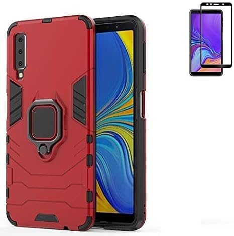 for Samsung Galaxy A7 2018 / A750 Case,Hybrid Heavy Duty Shockproof Armor Dual Layer Protection Defender Back Case Cover for Samsung Galaxy A7 2018 / A750 Tempered Glass Screen Protector (Red)