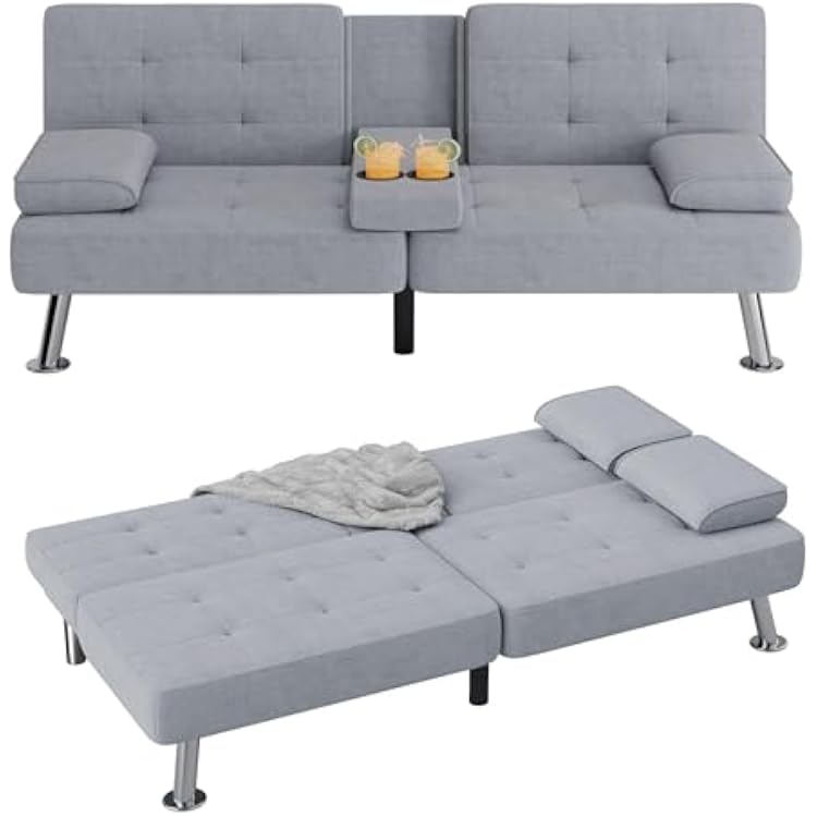 Flamaker Futon Sofa Bed Modern Folding Futon Set Linen Fabric Convertible Recliner Lounge for Living Room with 2 Cup Holders, Removable Armrests Fabric, Light Grey