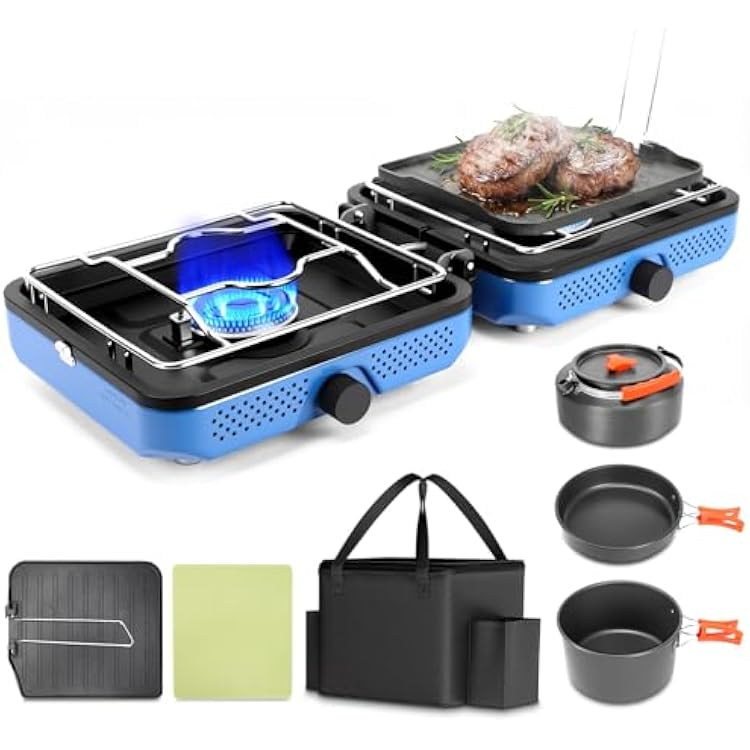 Hisencn 2 Burner Propane Camping Stove, 30000 BTU Foldable Portable Gas Stove with Cookware Set & Carry Bag, Outdoor Cooking for Camping, RV, Emergency Use, Blue