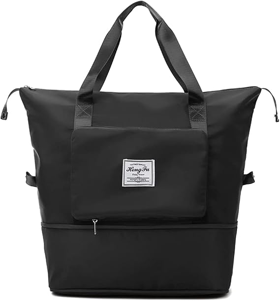 Large Capacity Folding Travel Bag, Portable Foldable Travel Lightweight Waterproof Oxford Fabric Bag, Dry and Wet Separation Sports Portable Shoulder Bag Suitable for Flying and Traveling (Dark black)