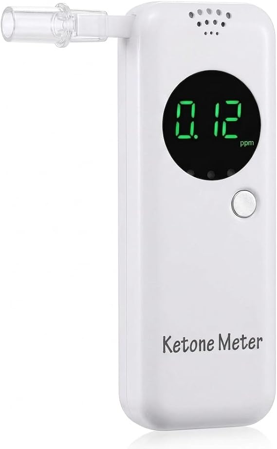 Keto Breath Tester, 0-99 PPM Ketosis Meter with 10 Mouthpieces | Keto breath tester with 0-99 PPM display, 6 ketosis levels, 10 mouthpieces; uses 2 AA batteries, not included.