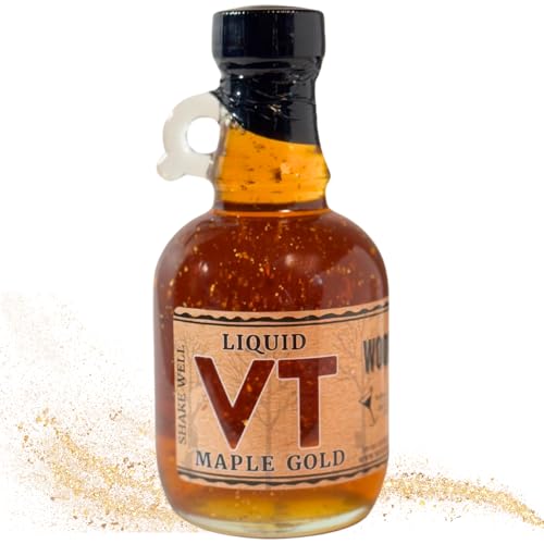 Woods Liquid Maple Gold Vermont Maple Syrup with Real 24K Gold Flakes Vegan, Plant-Based Sweetener Small Batch, Artisanal, Luxury Syrup for Gifting, Cocktails, and Gourmet Cuisine 8.45 oz Glass Bottle