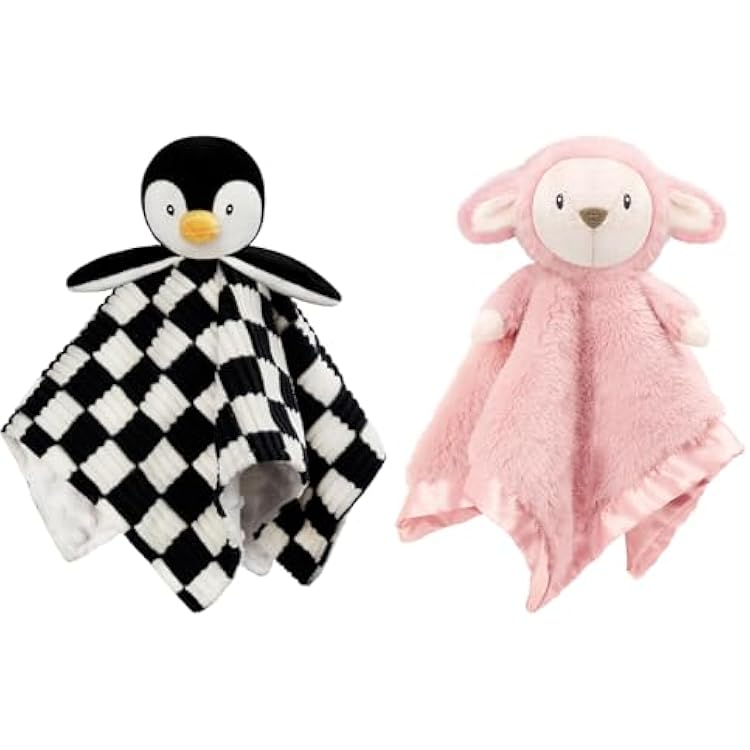 2 Pack Baby Lovey Blanket for Boys Girls Super Soft Checkerboard Gingham with Minky Dot Fabric Backing Penguin Stuffed Animal Lovely Snuggle Toy