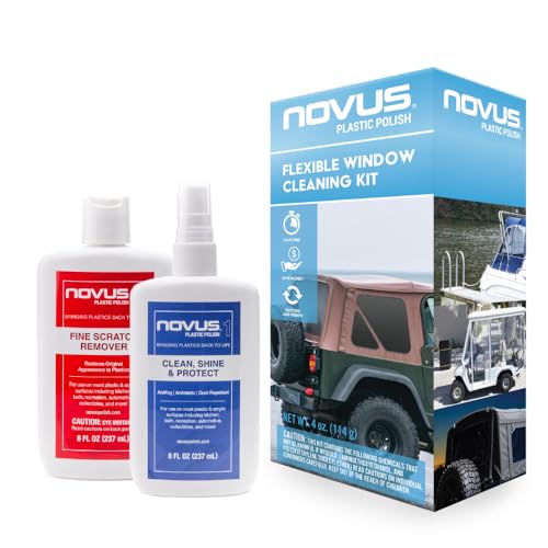 NOVUS Flexible Window Bonus Kit | One 8oz and 2oz Bottle Plastic Clean & Shine #1, Fine Scratch Remover #2 | Polish Mates Pack | 3 Backing Pad for Drill, 3 Green Foam Pad, 3 Black Pad