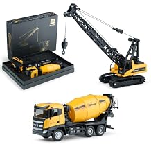 Diecast Metal Construction Trucks Models Set of 2 Heavy Metal Toy Cement Truck and Construction Crane 1:50 Scale Free Wheeler Die Cast Construction Toys Great Gift Idea
