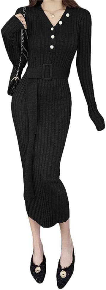 Women's Long-Sleeve Knit Dress, Long Ribbed Knit Sweater, V-Neck, Elegant Knit Dress, Belted, Tight Fit, Slimming, Elegant Dress, Autumn, Winter