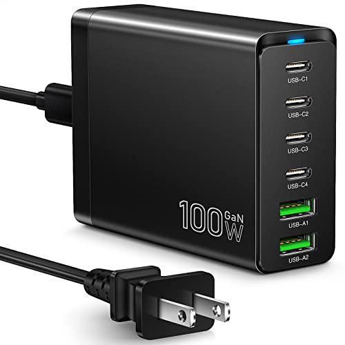 Fast USB C Charging Station, Total 100W 6-Port Charger Block with 4 USB-C and 2 USB-A Ports Quick 3.0 Adapter Work for iPhone 16 15 14 13 Pro Max, iPad, Galaxy, Pixel Portable Multiport Hub Black