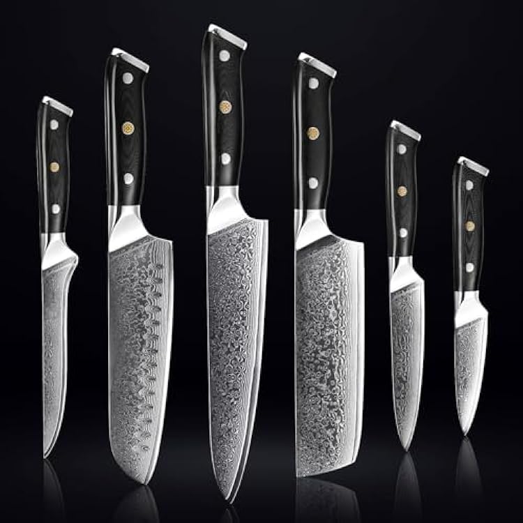 SENKEN 6-Piece Damascus Steel Kitchen Knife Set - Shogun Collection - 67-Layer Japanese VG10 Steel - Chefs Knife, Cleaver Knife, More, Extremely Sharp Blades for Effortless Cutting, Luxury Gift Box