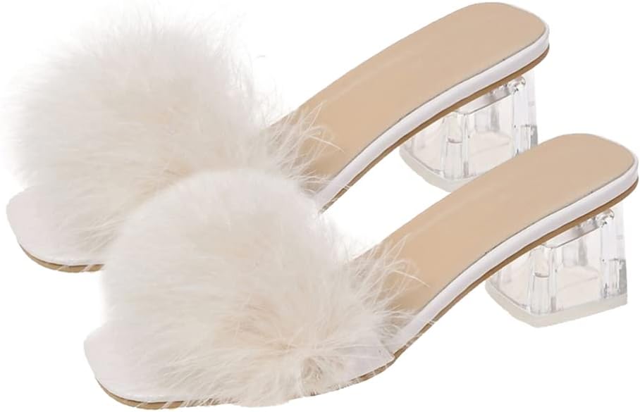 Holibanna Fluffy Heels Women Slippers Lightweight Non-Slip Thick Heel Sandal Shoes for Outdoor Summer Casual Party Work Comfortable Fashionable Footwear