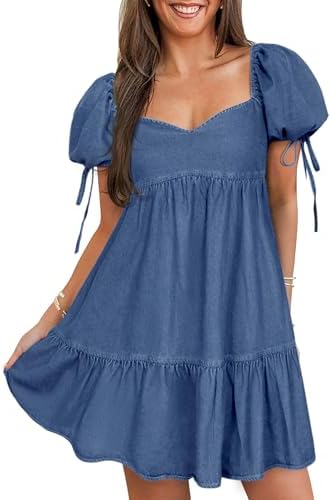 POTILI Denim Dress for Women Puff Short Sleeve Jean Dresses Sweetheart Neck Denim Mini Dress