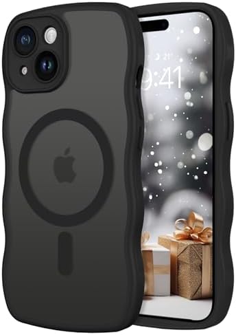 Telaso for iPhone 15 Case, Compatible with Magsafe Wave Frame Design Translucent Matte Back Silicone Bumper Military Grade Protective Magnetic Phone Case iPhone 15 for Women Girls, Black