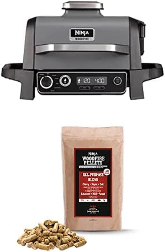 Bundle of Ninja OG701UK Woodfire Electric BBQ Grill & Smoker, 7-in-1 Outdoor Grill & Air Fryer + Ninja Woodfire Pellets [XSKOGAPBPL2UK ], All-Purpose Blend 900g Bag
