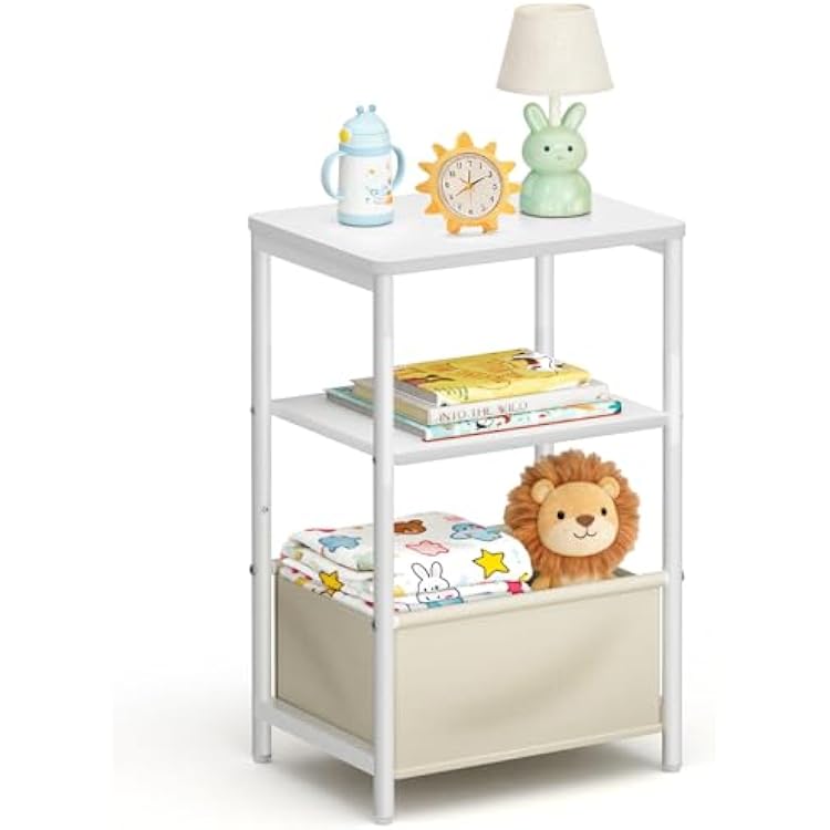 MISSLO Nursery Side Table for Living Room with Storage Basket Small End Tables for Small Spaces Kids Nightstand with Large Tabletop White Bedside Table Toddler Night Stand for Bedroom, Sofa, Dorm