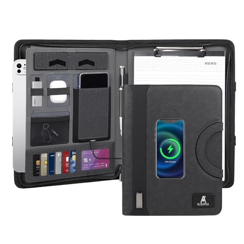 Leather Padfolio for Men with Zipper,Business Portfolio Binder Organizer with 8000mAh Power Bank,Portfolio for Resume,Documents,Phone,Supplies,Notebook Wireless Charging,Writing Pad,USB Flash Drives