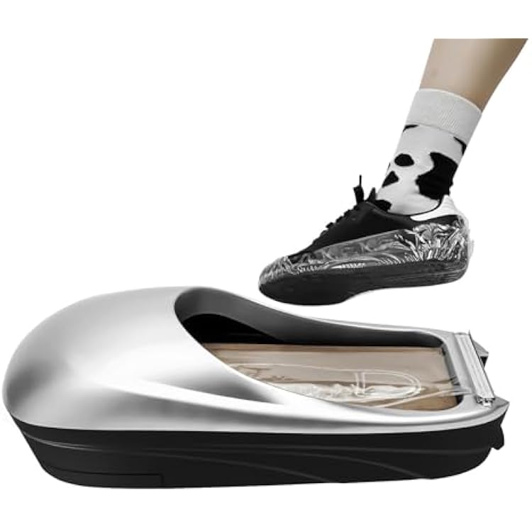 Automatic Shoe Cover Dispenser Machine with Overshoe Film Silver, Non-Electric, Stainless Steel Serrated Blade, 500 Uses, Fits Up to US Size 11 Ideal for Home, Office, Lab, Hotel, Exhibition