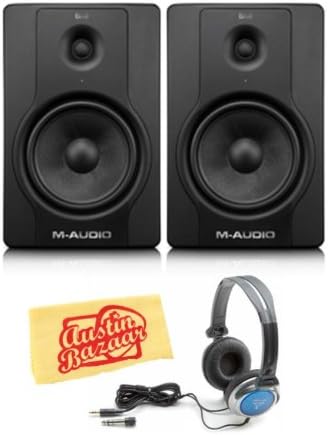 M-Audio BX8 D2 Next Generation 130-Watt Bi-Amplified Studio Monitors Bundle with Headphones and Polishing Cloth