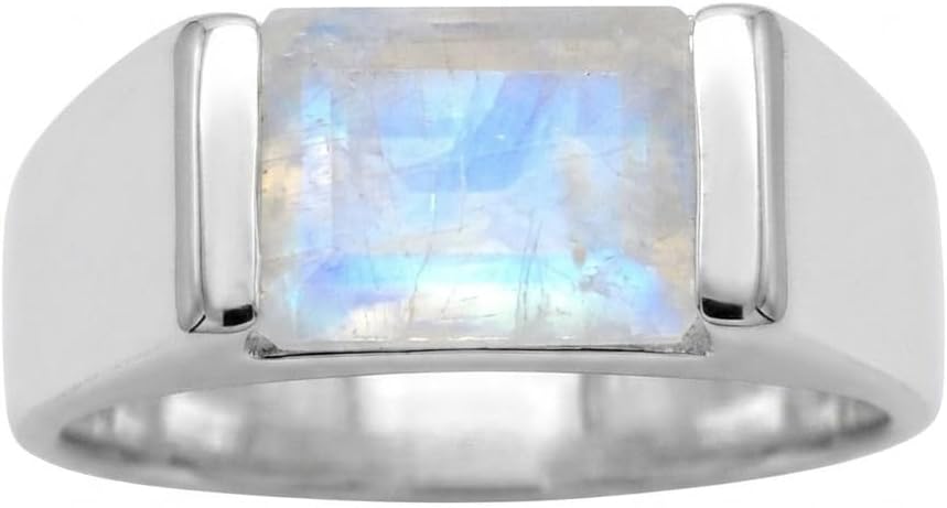 Natural Rainbow Moonstone 925 Solid Sterling Silver Men's Ring Size 6, 7, 8, 9, 10, 11, 12, 13