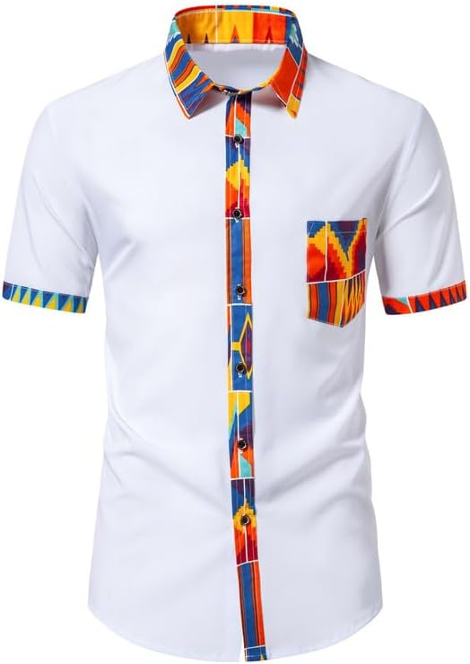 Mens Patchwork Print Short Shirt Sleeve Button Down Dashiki Slim Fit Shirt