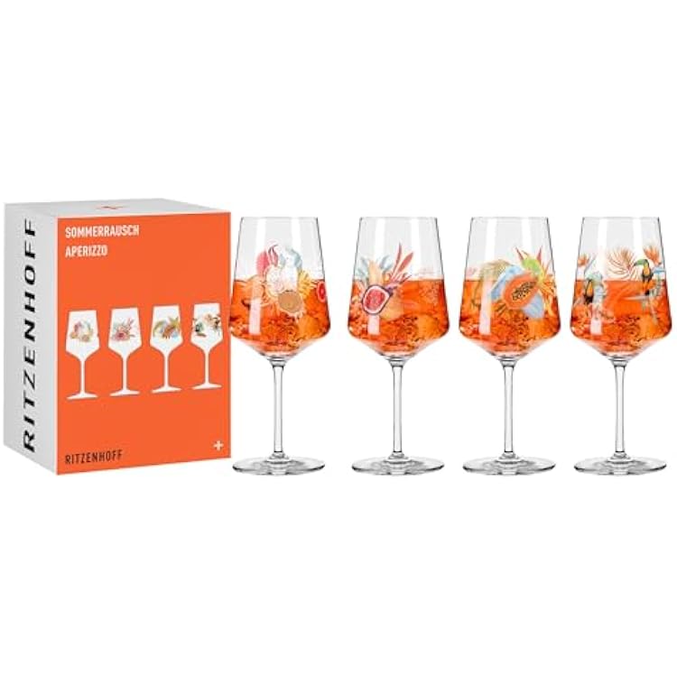 RITZENHOFF 6051004 Aperitif Glass 500 ml Set of 4 Summer Rush Tropical Plants Motif Made in Germany Orange