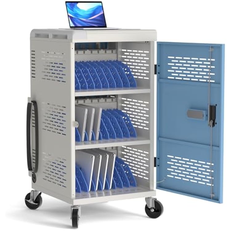 Fully Assembled 30 Unit Multi Device Charging Station for Chromebook, iPad, 14 Laptop - Pre Built Computer Charging Cart with Charger Cable Management, Circuit Breaker, Grounding Protection Gray
